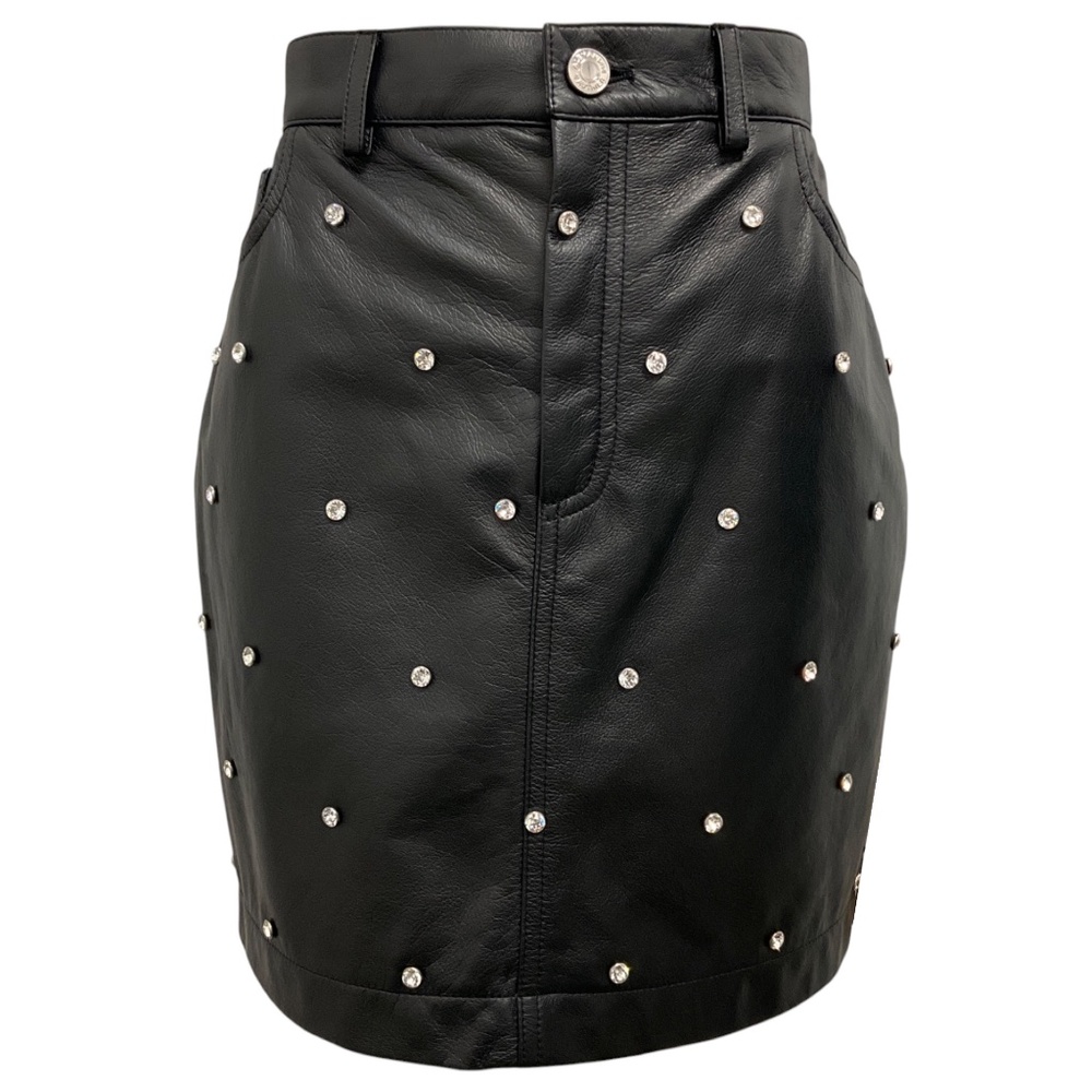 ALEXANDRE VAUTHIER BLACK CRYSTAL EMBELLISHED LAMBSKIN LEATHER SKIRT